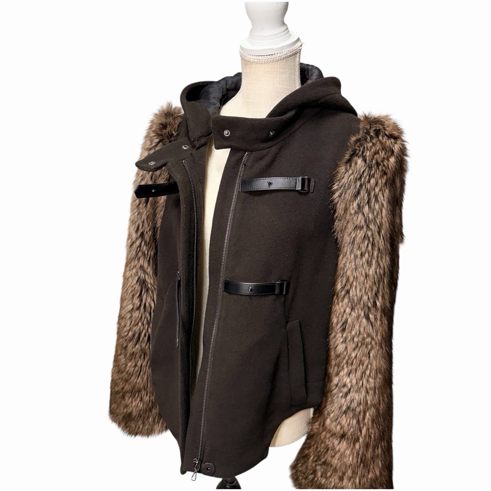 Anthropologie Leifsdottir Hooded Brown Coat Faux Fur Sleeves Jacket Size 10 - Picture 3 of 10